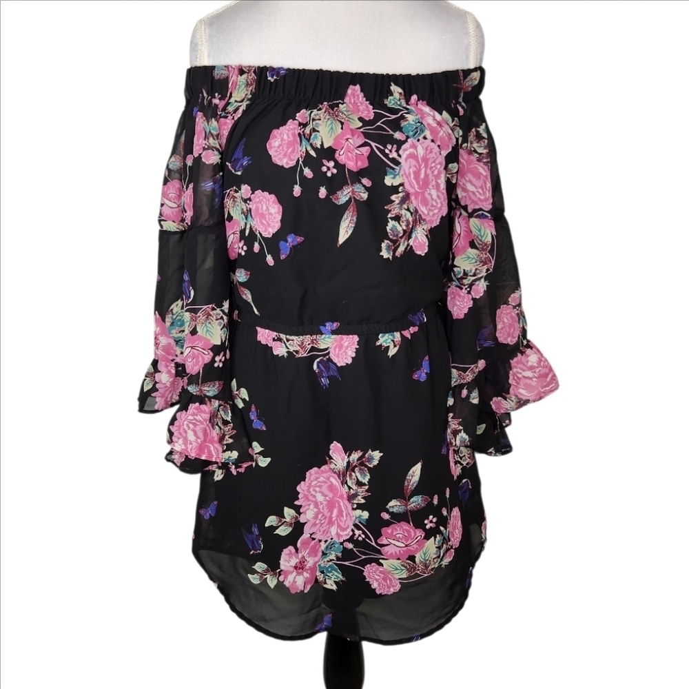 Hint Of Blush Black & Pink Floral Off The Shoulder Mini Dress Size Medium - Picture 2 of 12